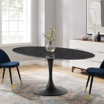 Tulip Dining Table 78" Oval Black Artificial Marble w/ Black Base