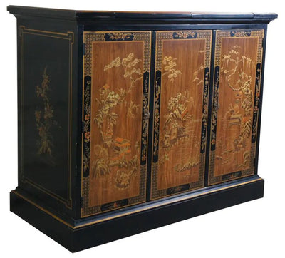 Vintage 1978 Drexel Et Cetera Asian Black Lacquer Chinoiserie Buffet Rolling Dry Bar