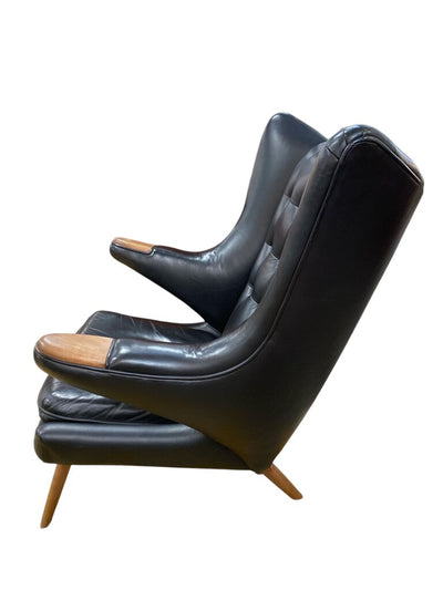 Danish Modern Papa Bear Chair and Ottoman in Black Teak and Leather (Danish hallmark under seat cushion)