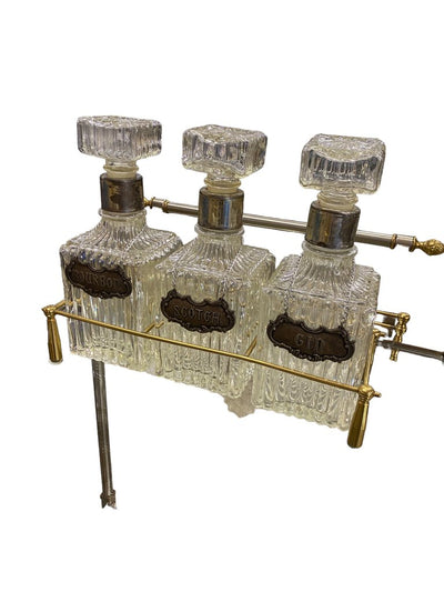 Italian Maison Jansen Steel and Brass Bar Cart - Original Decanters and Glass