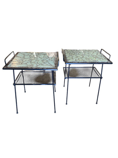 Mid Century Pair of Black Wrought Iron Side Tables w/ Tempered Glass (Set of 2)