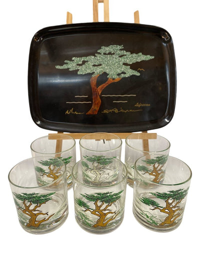 Couroc Mid century Tree Old Fashioned Glasses (set of 6) with Companion Tray