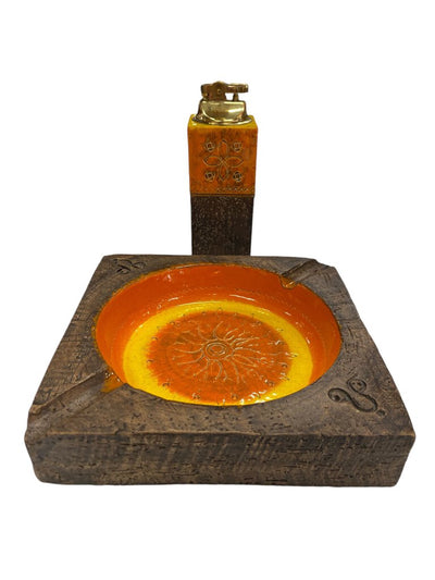 Bitossi Netter Italian Ceramic Orange Ashtray and Lighter Set in Orange