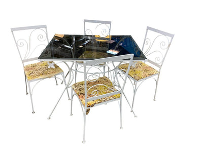 Mid Century Outdoor Set White Metal & Smoked Glass Table w/4 Chairs