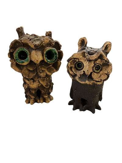 Mid Century Pair of Brutalist Clay Pottery Owls