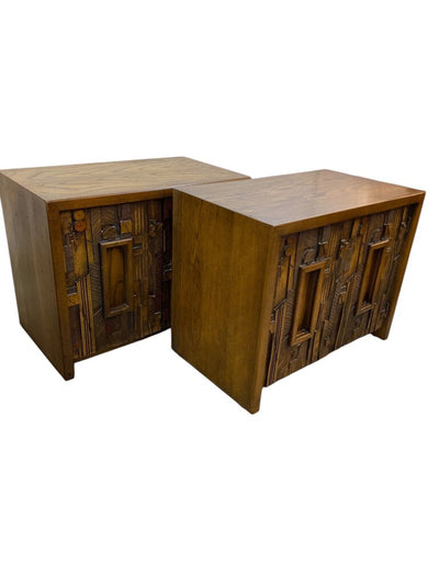 PAIR Lane Brutalist Nightstands Mid Century in Walnut/Mixed Woods/Oak (Set of 2)