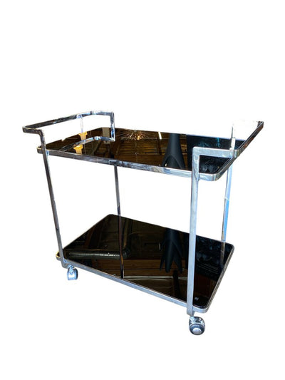 Italian Post Modern Polished Steel Bar Cart - Smoked Glass