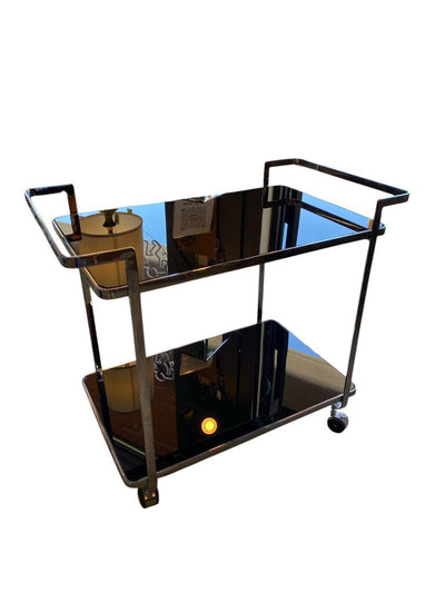 Italian Post Modern Polished Steel Bar Cart - Smoked Glass