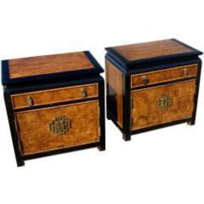 Mid Century Pair Chinoiserie Black & Burl Nightstands (Set of 2)