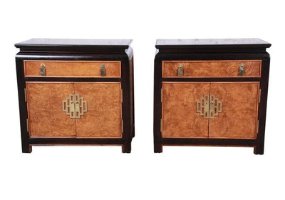 Mid Century Pair Chinoiserie Black & Burl Nightstands (Set of 2)