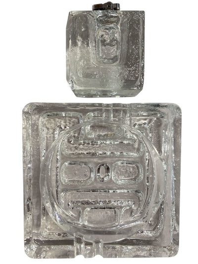 Danish Modern Brutalist Crystal Ashtray and Lighter 2-Piece Set