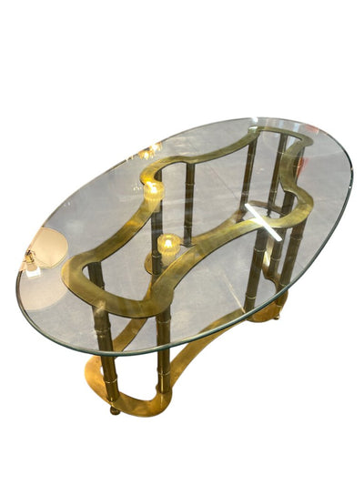 Vintage Hollywood Regency Bamboo Brass and Beveled Glass Oval Coffee Table