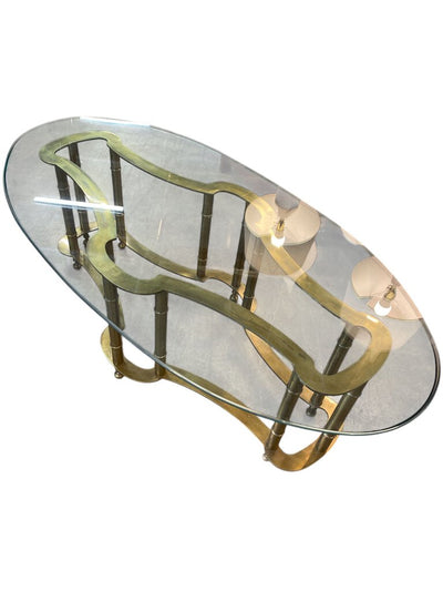 Vintage Hollywood Regency Bamboo Brass and Beveled Glass Oval Coffee Table