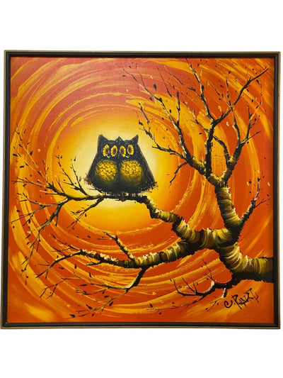 C Roberts Signed Painted Owl Pair on Branch with Orange Background