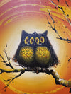 C Roberts Signed Painted Owl Pair on Branch with Orange Background