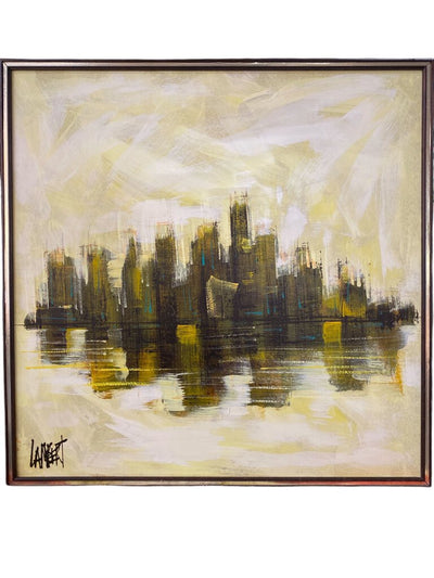 "City View" - Cityscape in Yellow; Mid Century Painting; Signed Lambert