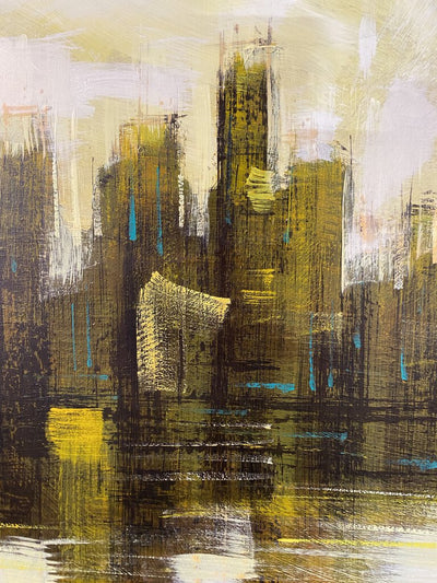 "City View" - Cityscape in Yellow; Mid Century Painting; Signed Lambert