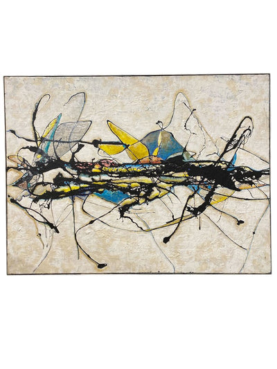 Unsigned Mid Century Textural Illustrative Painting - Mainly in Blue, Yellow and Black, with Custom Aluminum Frame