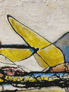 Unsigned Mid Century Textural Illustrative Painting - Mainly in Blue, Yellow and Black, with Custom Aluminum Frame