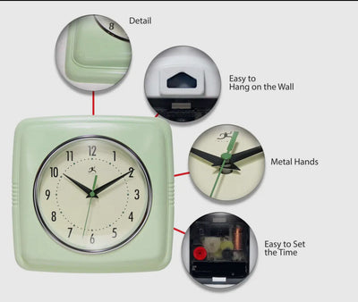 Retro Square Mint Green Indoor Wall Clock