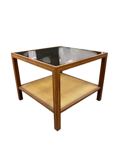 Mid Century Side Table w/ Cane Base & Smoked Glass Top