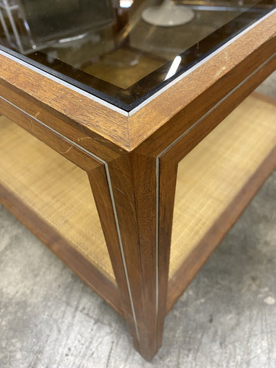 Mid Century Side Table w/ Cane Base & Smoked Glass Top